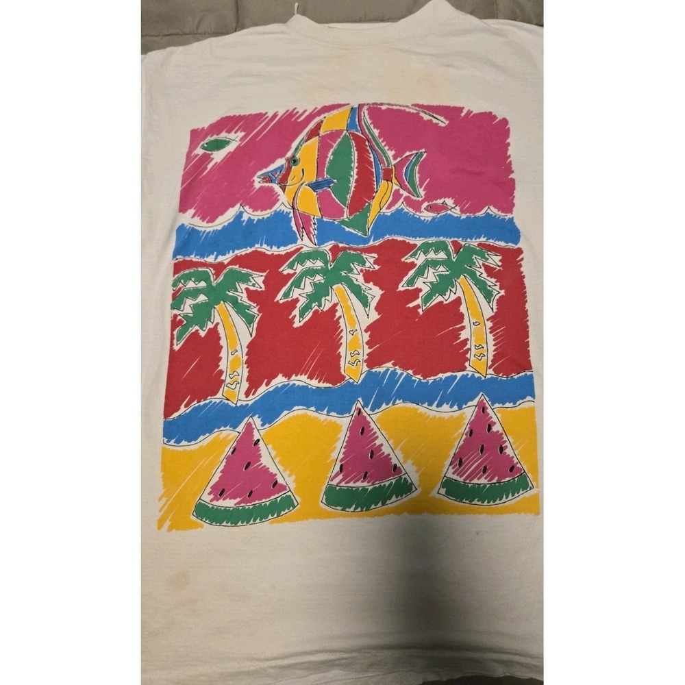 Vintage 90s Tropical Beach T Shirt Angel Fish Palm Trees Watermelon Neon USA Tee